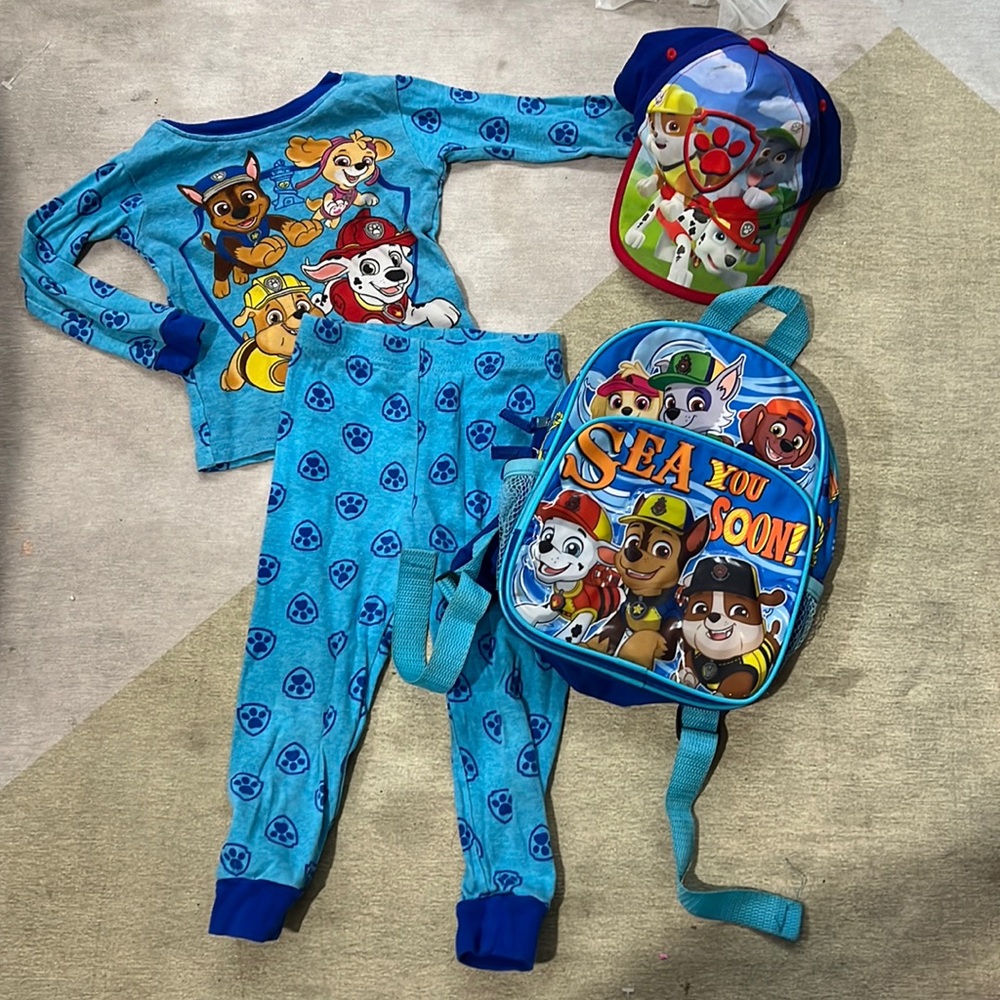 Bundle of toddler boys, paw patrol pajamas, baseball, cap hat and backpack set